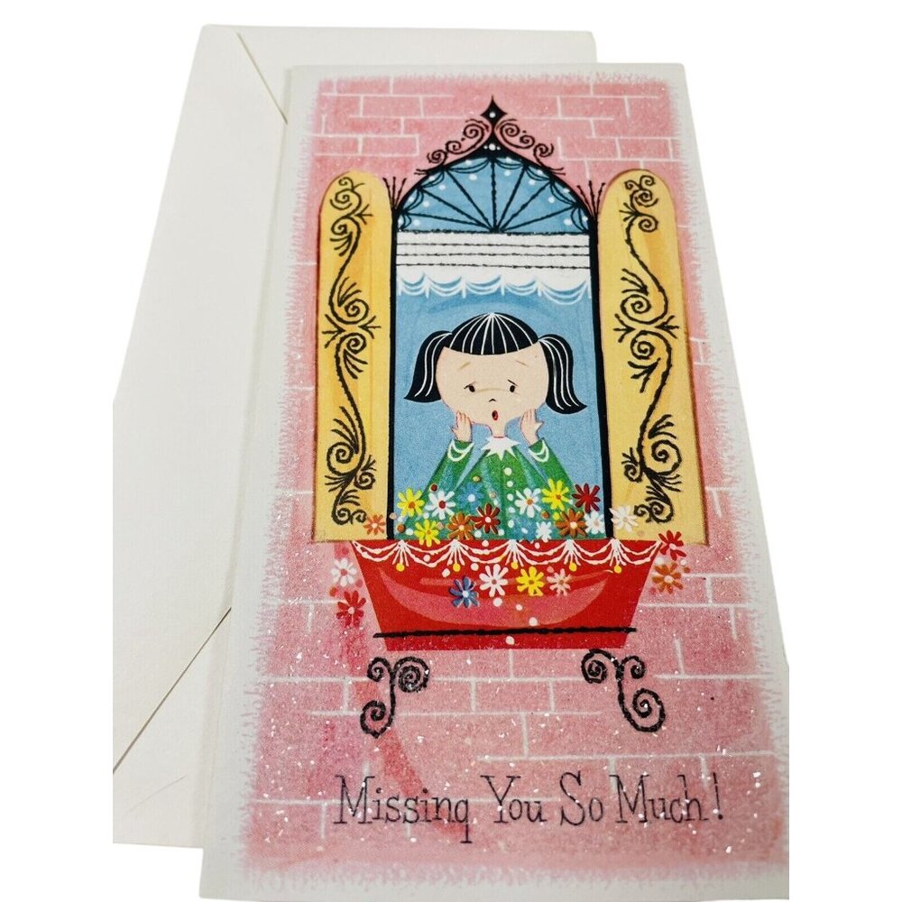 1 Greeting Card MISS YOU Amalgamated Lithographers Clear Glitter Vintage Unused
